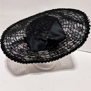 SOLD Vintage Whittall & Shon Black Lace Wide Brim Fancy Hat Flat Top Bow Church